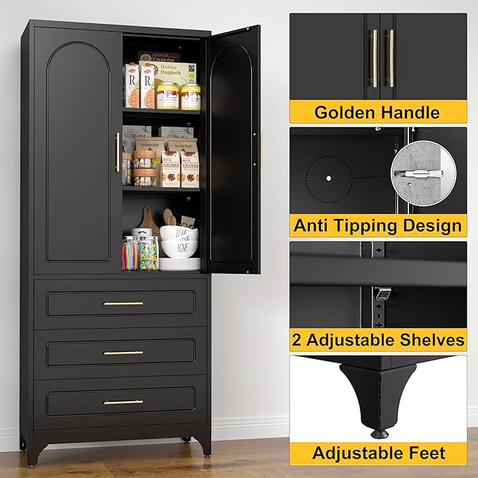 Metal Kitchen Pantry Storage Cabinet with 3 Drawers，75 Inch Black Food Pantry Cabinets for Kitchen Storage with 2 Adjustable Shelves,Tall Storage Cupboard for Living Room,Dining Room Office