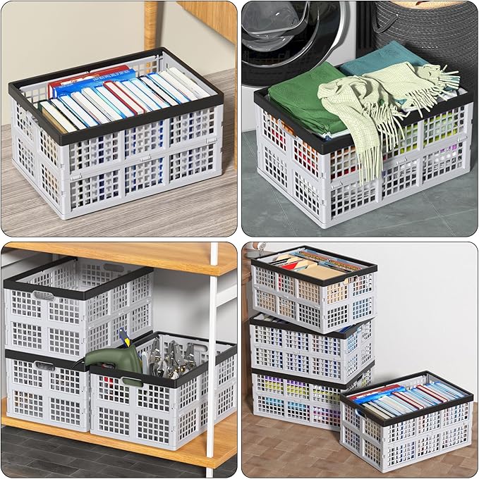 42 L Plastic Stackable Collapsible Storage Crate, 4-Pack Stacking Folding Storage Basket, Utility Crate Basket Containers