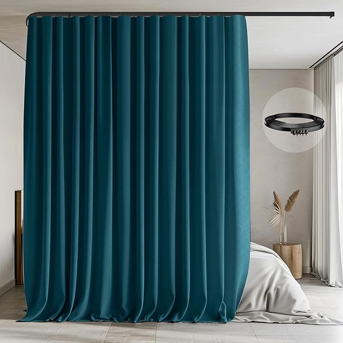 Room Divider Curtains with Flexible Ceiling Tracks Set,Blackout Curtain Ceiling Mount Curtain Track Privacy Room Dividers Ceiling Track Curtain Rod(Azure Blue Drape & Black rail W 12.5 × H 8 FT)