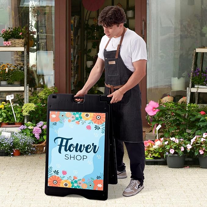 Jumbl A-Frame Signboard 22” x 28” Display Surface – Large Outdoor Sandwich Board w/Weather Resistant PVC Sign Protector & Sand Fill Holes – Dual Signage Stand for Storefront Sidewalk Curb (Black)