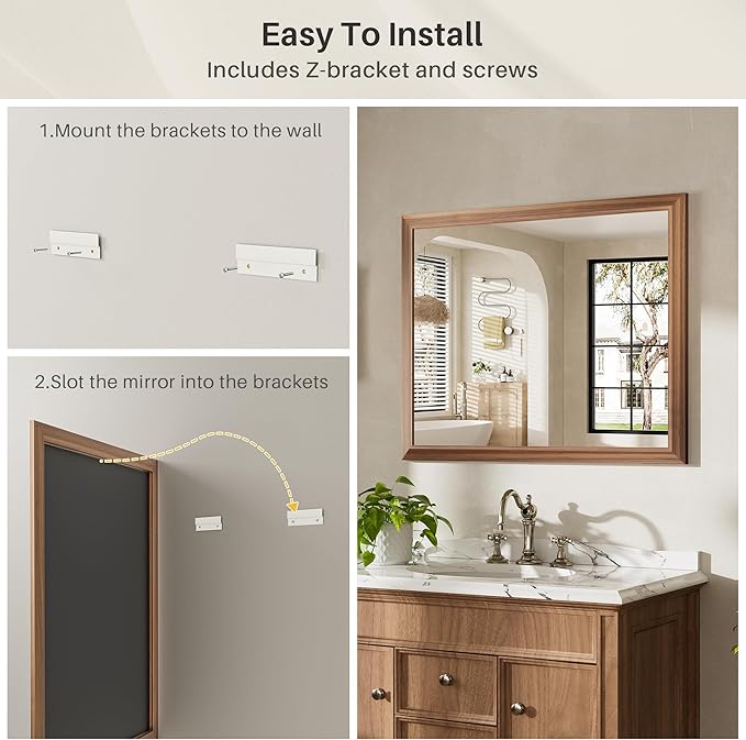 40x32 Inch Bathroom Mirror for Wall, Anti-Rust Walnut Wood Grain Metal Framed Bathroom Mirrors for Over Sink,Rectangler Mirrors for Bathroom Vanity, Farmhouse, Bedroom, Living Room, Entryway Decor