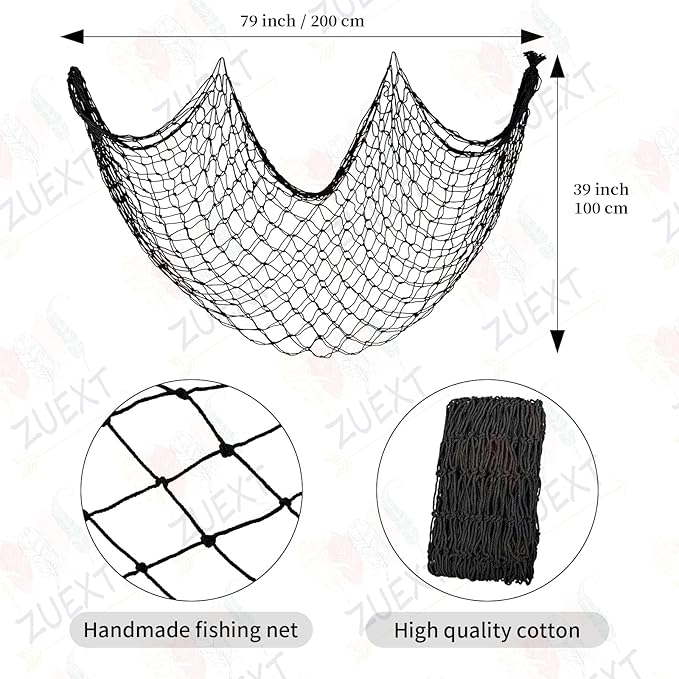 ZUEXT Decorative Fishing Net 80x40 Inch, Large Black Picture Fish Net, Wall Photo Hanging Fishnet for Nautical Mermaid Pirate Ocean Themed Hawaii Beach Under The Sea Party Decorations