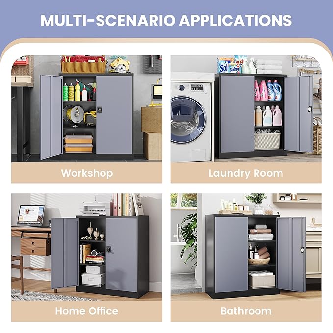 Metal Storage Cabinet,Locking File Cabinet with Doors and Adjustbale Shelves,Tool Steel Cabinets for Garage,Home Office,School,Gym(Grey & Black)