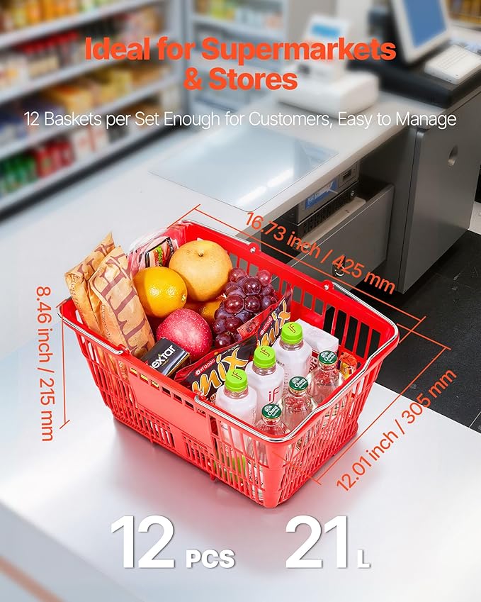 VEVOR Shopping Baskets, 12 PCS, 21L Stackable PE Plastic Grocery Baskets with Metal Handles, Dense Mesh Structure, Holds up to 20 lbs, Portable for Grocery, Retail, Stores, Supermarket, Home Use, Red