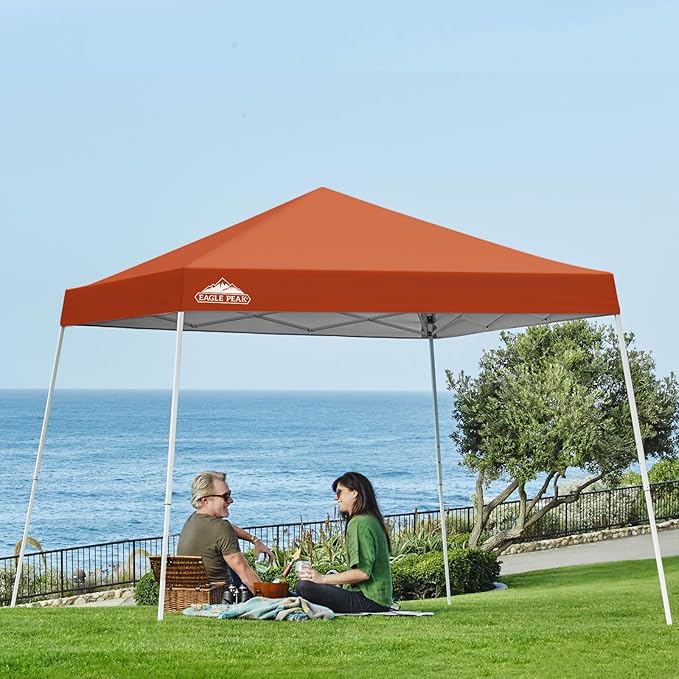 EAGLE PEAK 10x10 Slant Leg Pop-up Canopy Tent Easy One Person Setup Instant Outdoor Beach Canopy Folding Portable Sports Shelter 10x10 Base 8x8 Top (Brick Red)