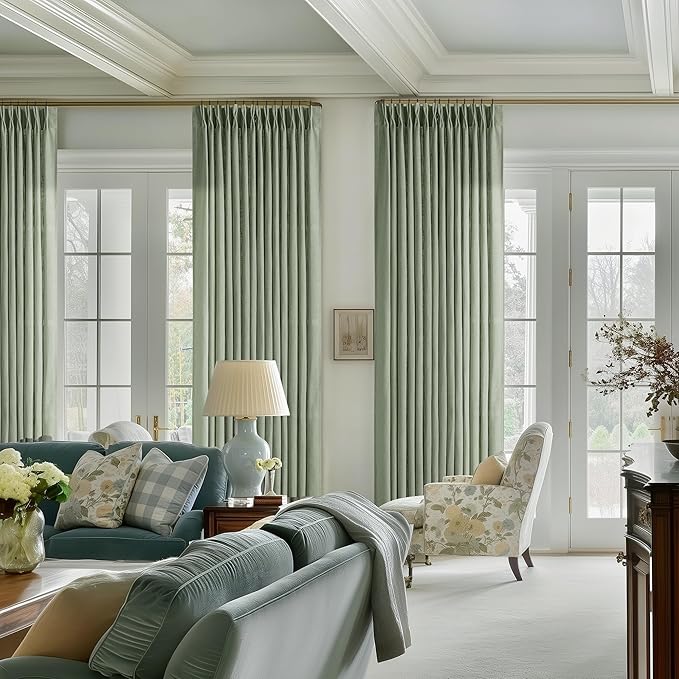 Sage Green Linen Curtains 102 Inches Long 2 Panels for Living Room Modern Thick Linen Flax Pinch Pleated Memory Trained Light Filtering Ceiling Semi Sheer 102 Inch Curtain with Hook Rings Back Tab