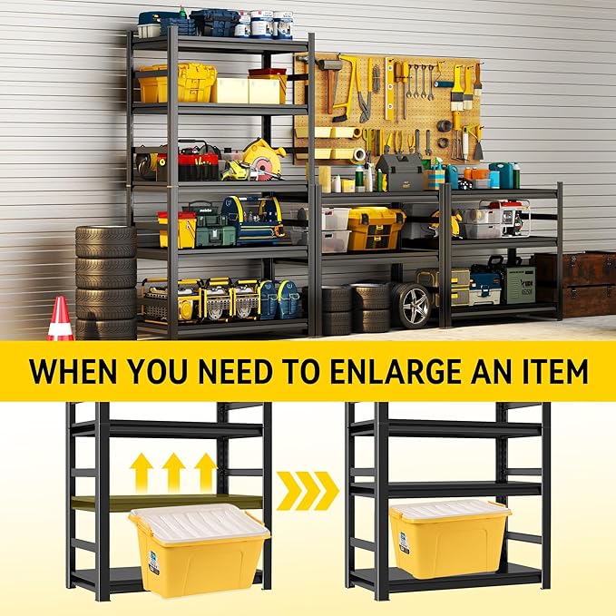 Garage Shelving Units, Heavy Duty 5-Tier Storage Shelves, Metal Adjustable Storage Rack, Steel Shelves, 2750 lbs Capacity, Industrial Shelving for Heavy Tools (Black, 24"Dx47"Wx77"H, 5-tier)