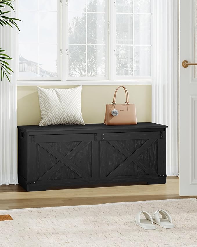 47.2" Storage Chest, Large Storage Trunk with 2 Hinges, Farmhouse Wooden Box Bench, Lift-Top Organizer Chest, Entryway Trunk for Bedroom, Living Room, Black SB12104X