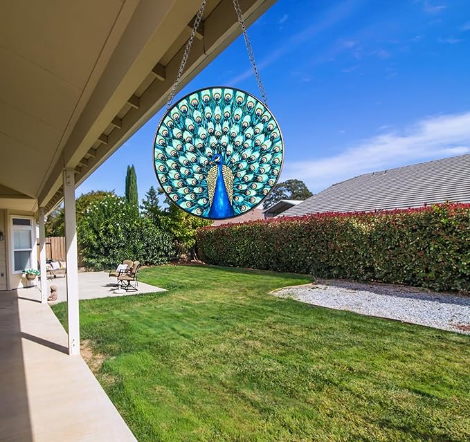 Full-Show Peacock Stained Glass Sun Catcher, 6 Inch Round Hand-Painted Window Hanging with Chain, Vibrant Glass Art for Home Garden Decor, Unique Gift for Nature & Bird Lovers