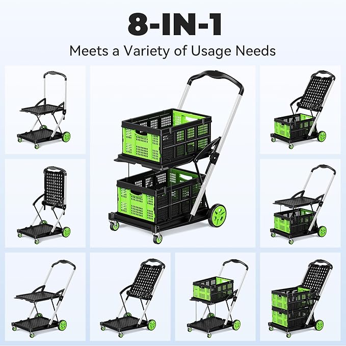 Collapsible Shopping Cart with Wheels, 8-in-1 200LBS Capacity Grocery Cart on Wheels with 2 Storage Crate, Folding Utility Cart for Shopping, Travel, Supermarket, Office, Green