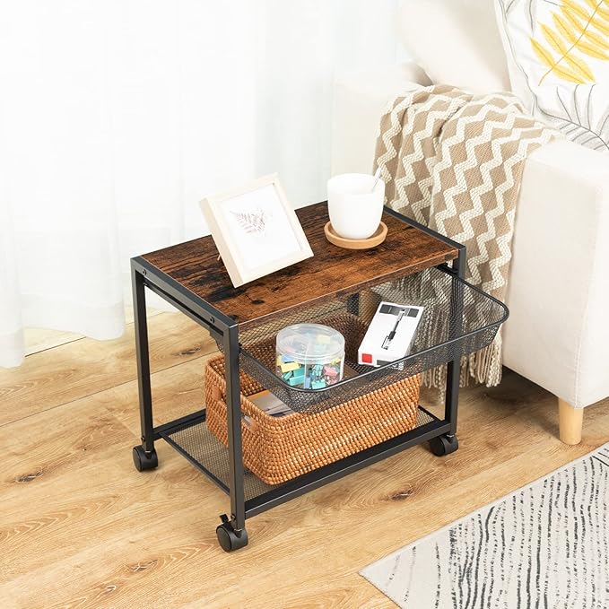HOOBRO Under Desk Printer Stand, Industrial Printer Cart with Storage Shelf, 2-Tier Mobile Printer Table on Wheels, Heavy Duty Machine Storage Rack for Office and Home Rustic Brown + Black BF12PS01