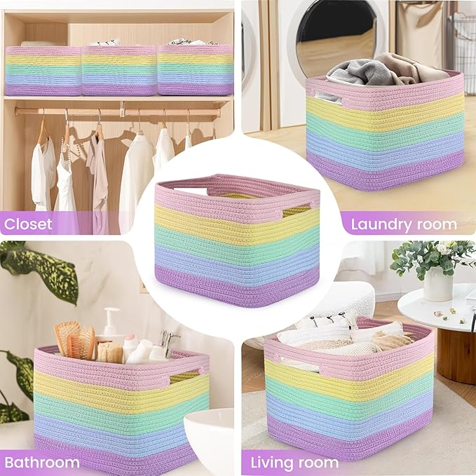 Shelf Woven Storage Basket, 15 x 10 x 9” Closet Rope Baskets For Organizing, Square Bins with Handles, Rainbow 1 Pack