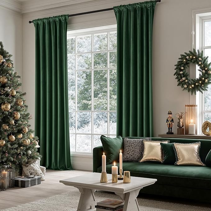 MIULEE Christmas Velvet Curtains 108 Inch Length 2 Panels Set for Bedroom Pinch Pleat Back Tab Luxury Thermal Insulated Living Room Darkening Pleated Blackout Extra Long Drapes with Hook Emerald Green