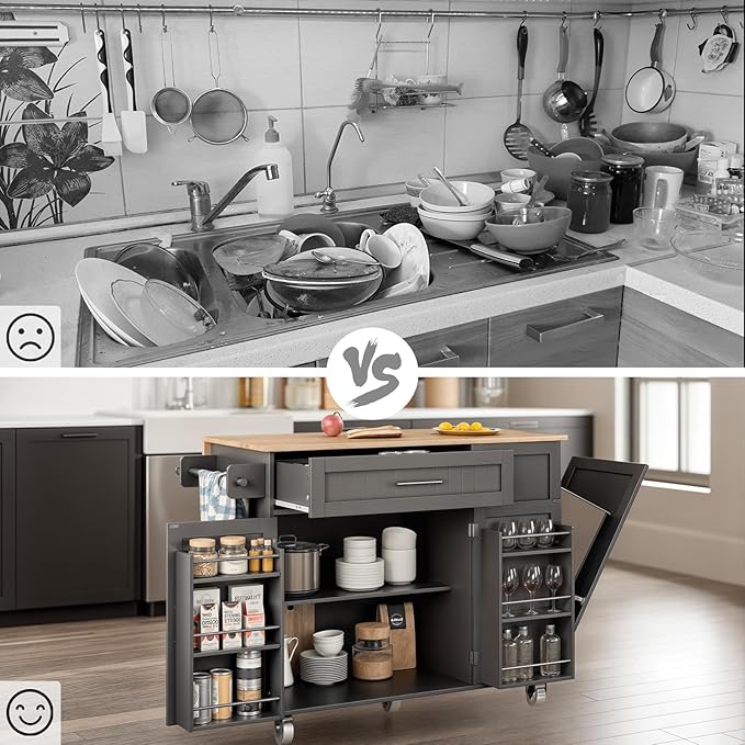 43.3" Rolling Kitchen Island Cart with Drop Leaf & Storage - Mobile Kitchen Organizer with Wheels, Rubberwood Top, Trash Bin Cabinet & Towel Rack, Farmhouse Style for Small Spaces Grey
