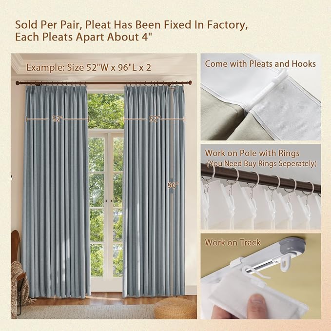 Textured Linen Pencil Pleated 100% Blackout Curtains for Bedroom/Living Room Blackout Curtains 120 Inches Long, Energy Saving Window Treatment Curtains,100Wx120Lx2,Grey Blue