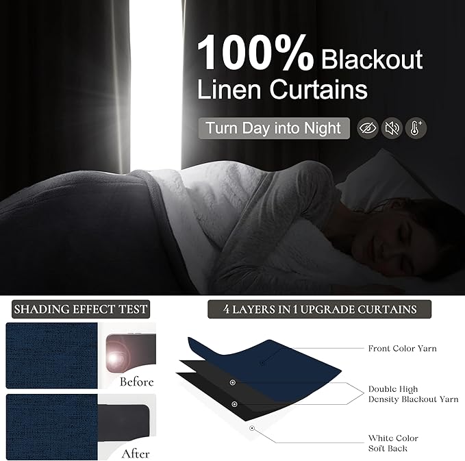 Navy Blue Blackout Curtains 96 Inch Length for Kids/Boys Rooms/Bedroom, Floor to Ceiling Track Pleated Drapes with Hooks Linen Thermal Coastal Curtain Dark Blue Window Burg 50"Wx96"Lx 2Panels Back Tab
