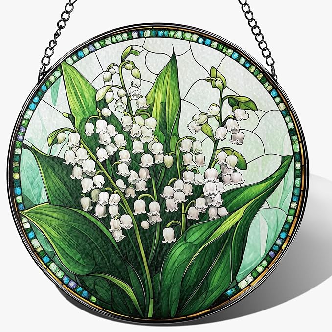 8-Inch Stained Glass Ornament, Stained Glass Window Hanging, Lily of Valley Flower Ornament, Window Hanging Decor Suncatcher | Mother's Day, Christmas, Birthday, Gifts for Mom & Flower Lovers