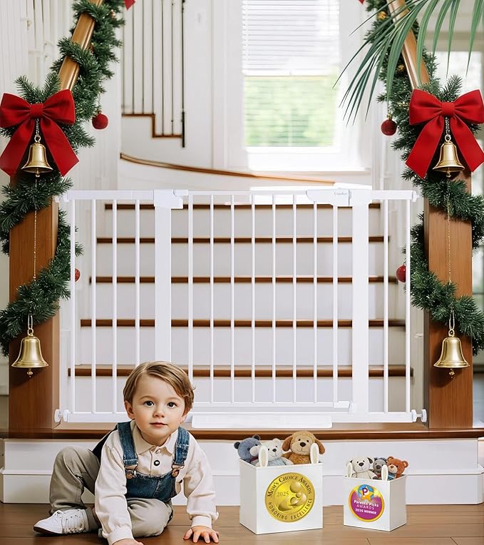 Cumbor 29.7-48" Baby Gate for Stairs, Mom's Choice Awards Winner-Dog Gates for Doorways, Auto Close Safety Pet Gate for Dogs Indoor, Easy Install Pressure Mounted Child Gate with Walk Thru Door, White