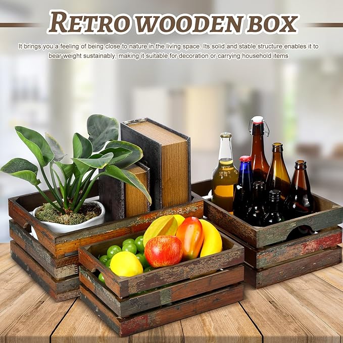 Barydat Set of 5 Wood Crates for Display Decorative Nesting Wooden Crate Storage with Handles Vintage Farmhouse Style Decorative Boxes Multipurpose Fruits Vegetables Boxes(Colored Drawing,Random)