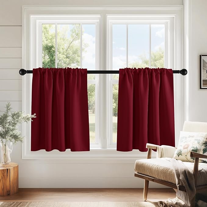 PONY DANCE Burgundy Short Blackout Curtains for Kitchen 2 Panels Set, Thermal Insulated Half Window Drapes for Christmas Decorations, Small Curtains for Bathroom, W 29 x L 24 inches, Red