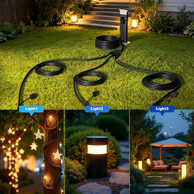 Black 25FT Outdoor Extension Cord,Evenly Spaced 3 Outlets Plugs,16/3 SJTW Wire with Safety Cover for Outdoor String Lights, Landscaping Light, Holiday Decoration and Christmas,UL Listed