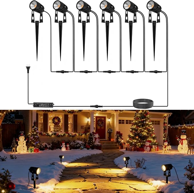 L LOHAS LED Dusk to Dawn Low Voltage Landscape Lighting, Christmas Outdoor Spotlight with Transformer, IP65 3000K Warm White Plug in Spotlights for Yard Backyard Pathway 6Pack