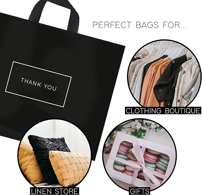 Purple Q Crafts Thank You Bags for Business Black Plastic Bags 50 Pack with Soft Loop Handle