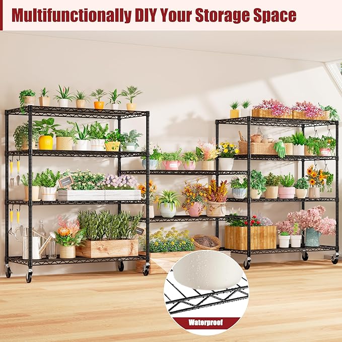 PrimeZone 2 Packs 48" W x 24" D x 81" H Heavy Duty Wire Storage Shelves with Wheels, 5 Tier Adjustable NSF Certified Garage Shelving Unit, Rolling Metal Organizer Shelf Rack for Warehouse, Pantry