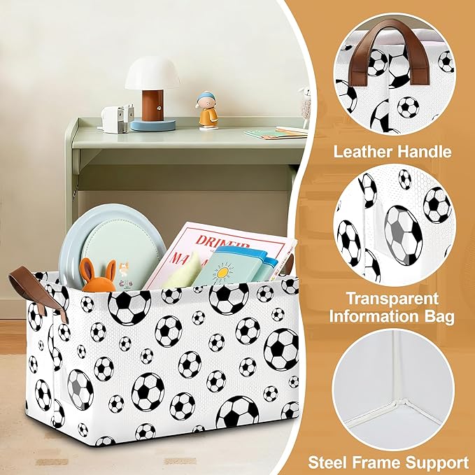 Black Soccer Football Storage Bins with Handles, Collapsible Storage for Clothes, Gift Basket, Blankets & Closet Organization