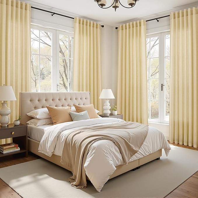 Nanspring Cream Yellow 84 Inch Curtains Linen for Living Room Modern Farmhouse Light Filtering Sheer Curtain Back Tab and Rod Pocket Privacy Drapes for Bedroom Office 52x84, 2 Panels