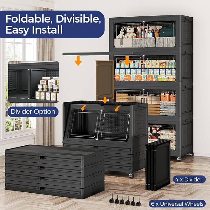 160GAL Extra Large Storage Bins with Lid, 640Qt Stackable Closet Organizers and Drawers, Collapsible Storage Bins with Wheels, Folding Containers for Home, Kitchen Office, 4Pack Black