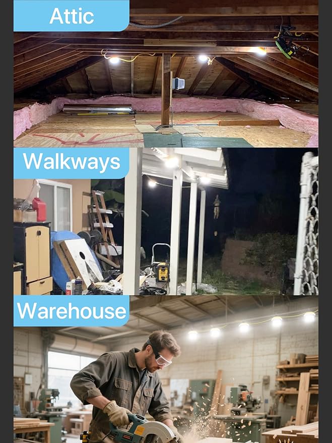 HYPERLITE Construction String Lights 100FT: 10 Bulbs String Work Lights with Climbing Hooks - IP65 Waterproof Linkable LED String Lights for Job Site Attic Renovation Crawlspace Lighting