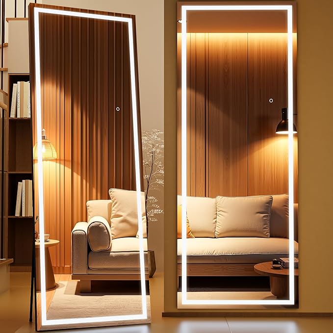 Full Length Mirror with Lights, 67" x 24" LED Lighted Floor Standing Body Mirror, Dimmable & 3 Color Lighting for Bedroom, Cloakroom, Dressing Room, Tempered Glass, Square Black