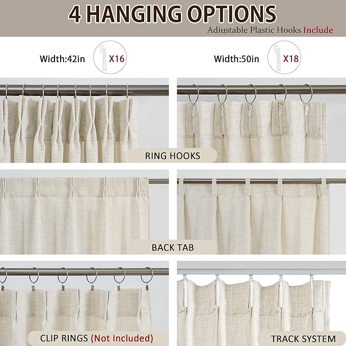 RAIN CITY Pinch Pleat Curtains 84 Inches Long 2 Panels Set, Elegant Pleated Viral Linen Curtain for Living Room, Boho Natural Ivory Semi Sheer Drapes for Bedroom 42x84 Back Tab with Hooks