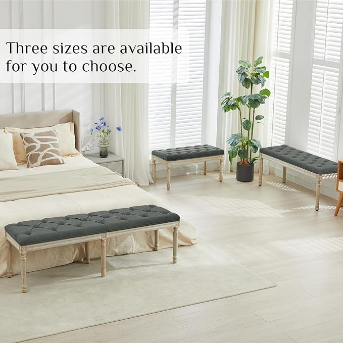 LOULENS 57.7" Linen Fabric End of Bed Bench, French Upholstered Button Tufted Bench for Bedroom End of Bed, Window Seat with Carved Wood Legs for Bedroom, Living Room, Entryway, Dark Grey