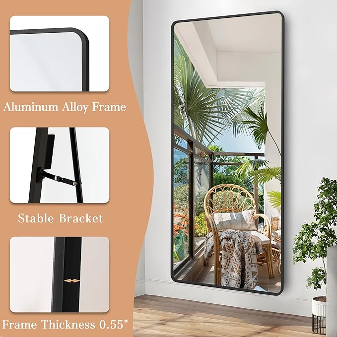 Full Length Mirror with Stand, 71"x31" Floor Mirror, Aluminum Alloy Black Thin Frame, Freestanding/Leaning/Wall Mount for Bedroom, Living Room & Entryway (Black)
