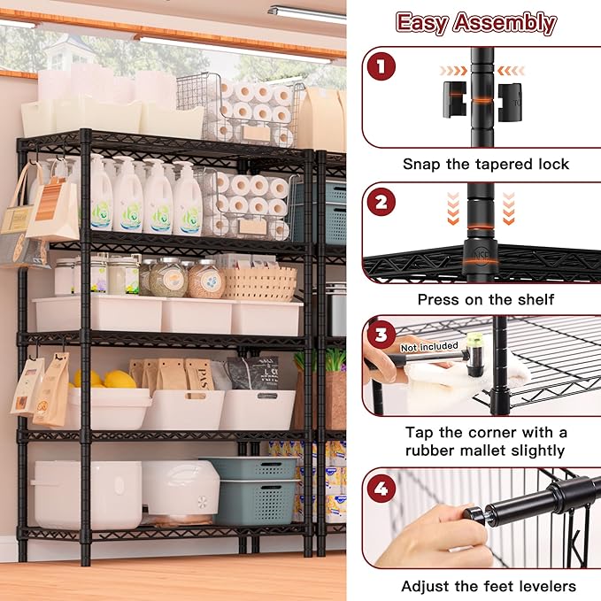 PrimeZone Wire Metal Storage Shelves - 5 Tier Adjustable NSF-Certified Heavy Duty Garage Shelving Unit Organizer Rack, Steel Utility Shelf for Kitchen, Pantry, Closet, 35.5" W x 14" D x 72" H, Black