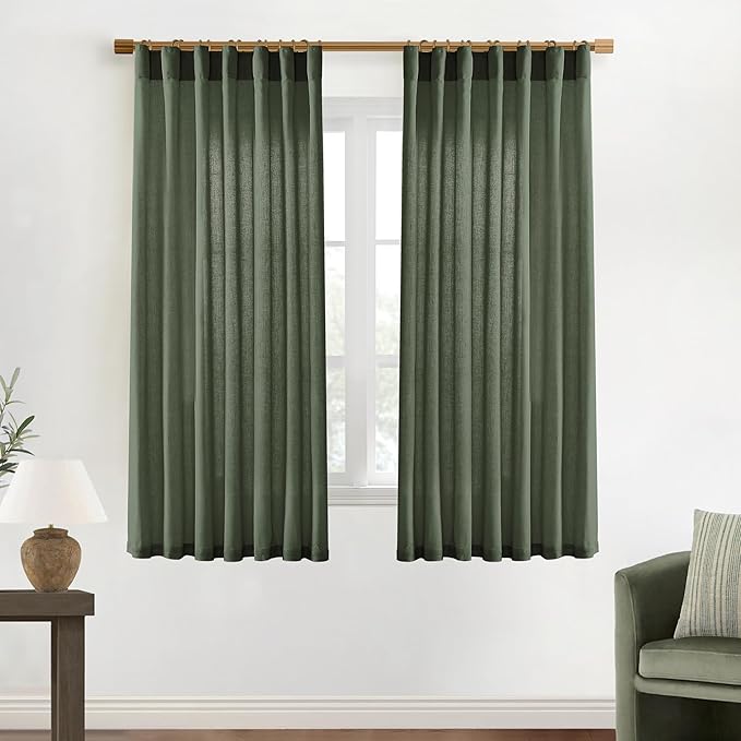 XTMYI Olive Green Curtains 63 Inch Length for Living Room 2 Panels Set Back Tab Hooks Pleated Linen Blend Light Filtering Semi Sheer Curtain Drapes for Dining Room Bedroom Kitchen Bathroom Boho Decor