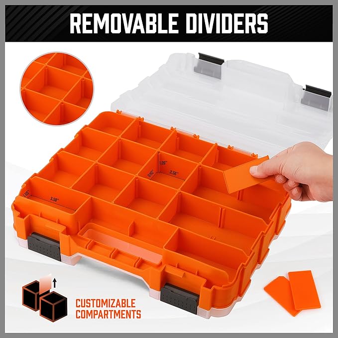 HORUSDY Small Parts Organizer, 34-Compartments Double Side parts organizer with Removable Dividers, Double Side Tools Box Screw Organizer For Nuts, Bolts, Screws, Nails, Small Hardware