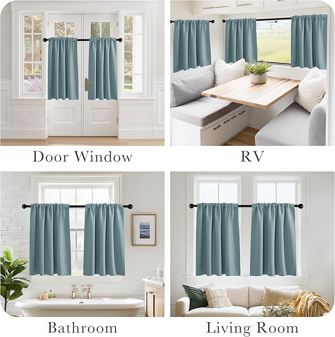 PONY DANCE Blackout Short Cafe Curtains, Privacy Light Block Small Window Curtains for Bedroom Kitchen Basement Dining Classroom, W 29 x L 24 inches, Greyish Blue, 2 Panels