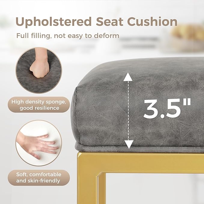MAISON ARTS 24 Inch Grey+Gold Counter Height Bar Stools Set of 2, Stain & Scratch Resistant PU Leather Seat, Sturdy Metal Frame, Easy Assemble, Ideal Space Saver
