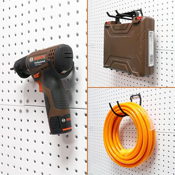 HUHOLE Pegboard Drill Holder, Peg Board Utility Hooks, 10 Pack Heavy Duty Peg Board Tool Holder for Power Tools, Drill, Hammer, Cord, Fit for 1/4" Pegboard
