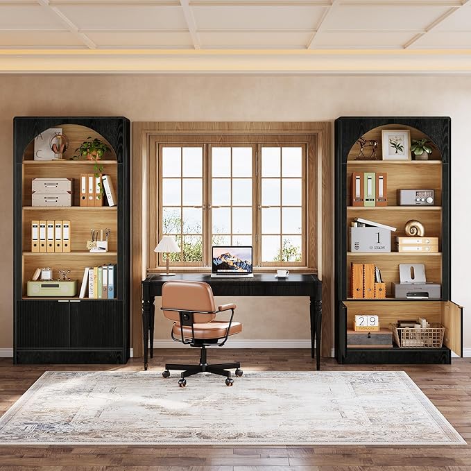 Tribesigns 71" Tall Office Storage Cabinet with Doors, Arched Bookshelf File Organizer with Storage and Shelves, Modern Farmhouse Standing Bookcase for Home Office, Printer Storage, Black