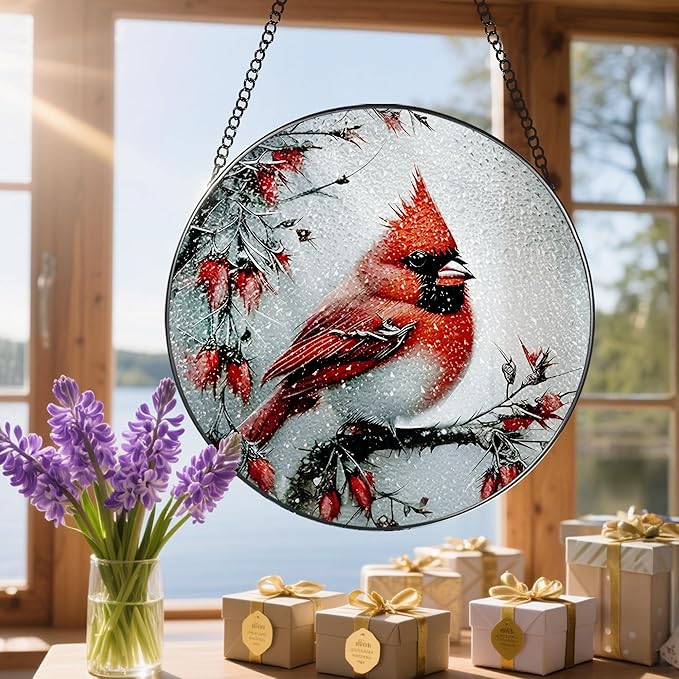 Stained Glass Window Hanging, DOUHASU 8 Inch Cardinal Stained Glass Suncatcher Ornement, Window Decor, Sympathy Gift, Cardinal Gifts for Women