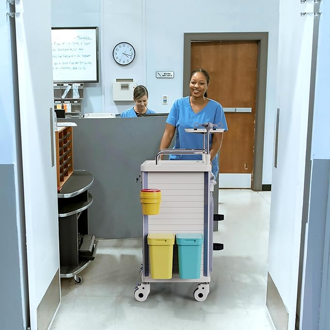 Medical Rolling Crash Cart with Accessories-CPR Board, IV Pole, O2 Holder, Trash Bin, Drawers with Dividers, Mobile Medical Cart for Clinic, Hospital, Nursing Center, Salon, 24.6”Wx19.1”Dx37.1”H