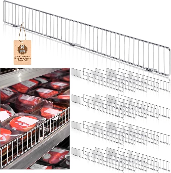 20 Pcs Retail Gondola Shelf Front Wire Fence Guard Rail 48" X 3" Sturdy Metal Supermarket Guardrail Chrome Commodity Organization Baffle Display Enhancer for Retail Stores Fruit Fresh Food