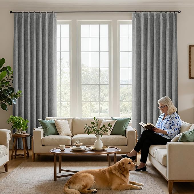 Joydeco Pinch Pleated Curtains - 100% Blackout for Bedroom, Light Grey Linen Curtains 40" W x 108" L, Thermal Insulated 2 Panels Light Blocking Drapes, Back Tabs for Living Room
