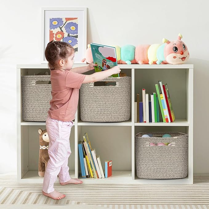 3 Pack Shelf Woven Storage Basket, 15 x 10 x 9” Closet Rope Baskets For Organizing, Square Bins with Handles, Brown
