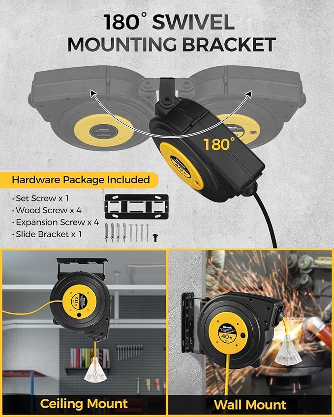 Retractable Extension Cord Reel, 40 FT Heavy Duty Power Cord, 12AWG/3C SJTOW, 3 Grounded Outlets Lighted Triple Tap, 15 Amp Circuit Breaker, UL Listed, Yellow Y40CR06