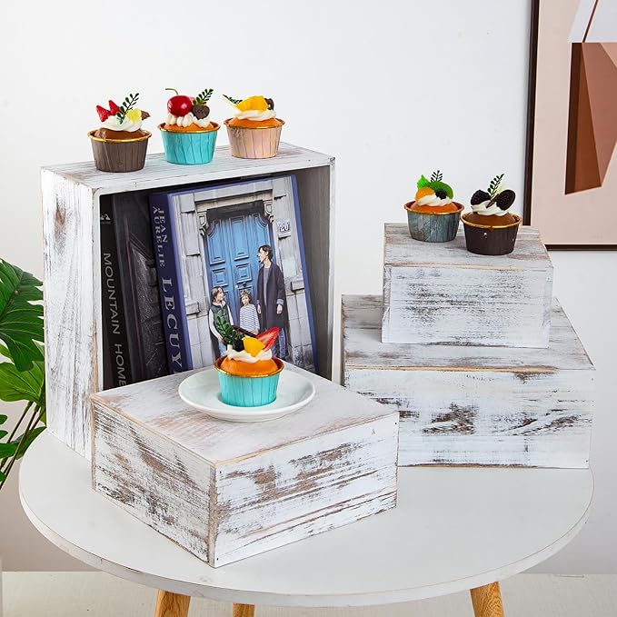 Vintage Brown Square Wooden Cake Stands For Display,Set Of 4 Wood Cupcake Stands Risers, 12 Inches Rustic Wood Crates For Wedding Cake Display,Square Wooden Display Risers For Home Decor . (Vintage White)